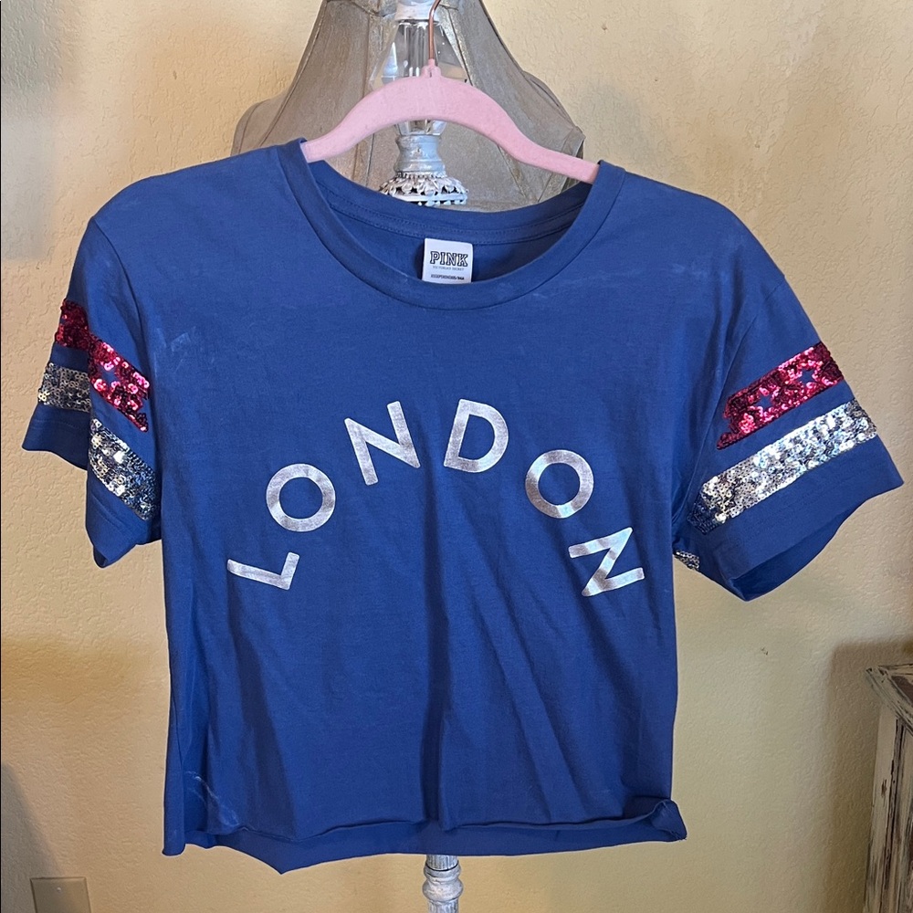 PINK Victoria's Secret Blue Crop Top with Sequin Stripes